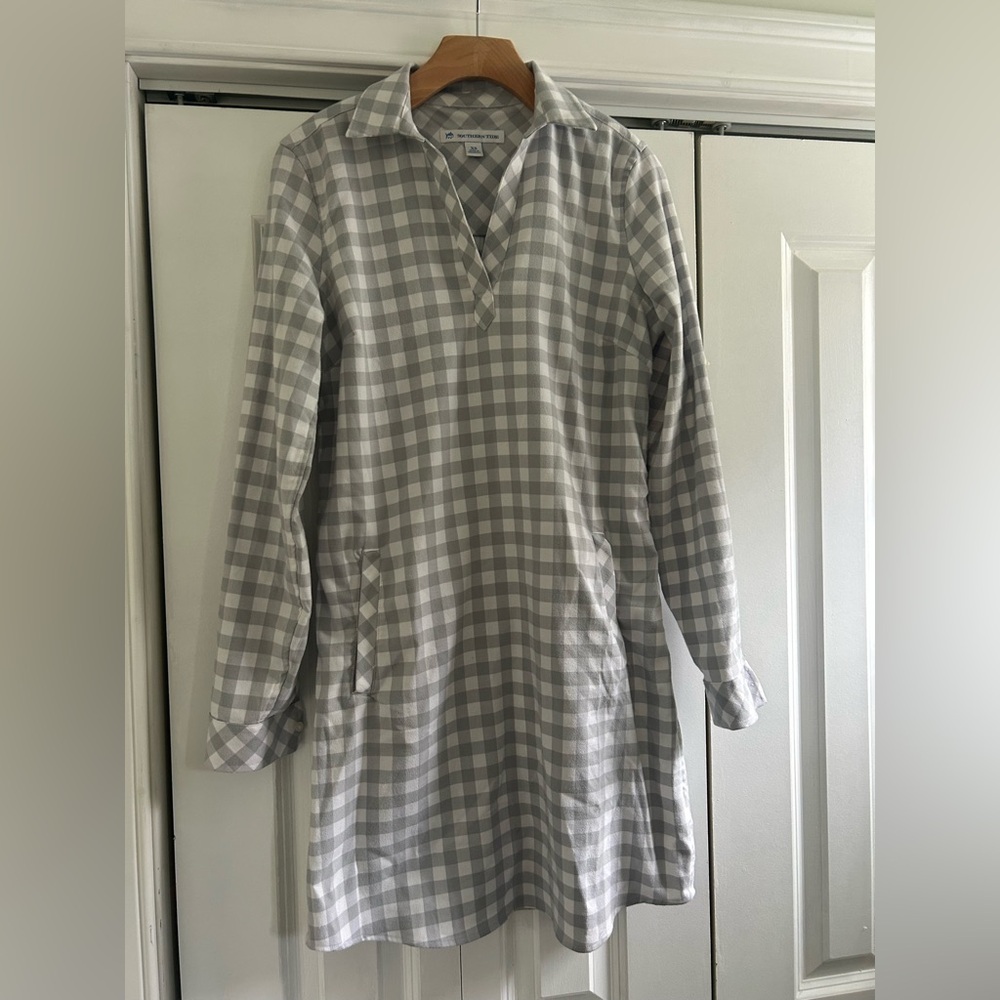 Southern Tide Gray Checkered Long Sleeve Dress